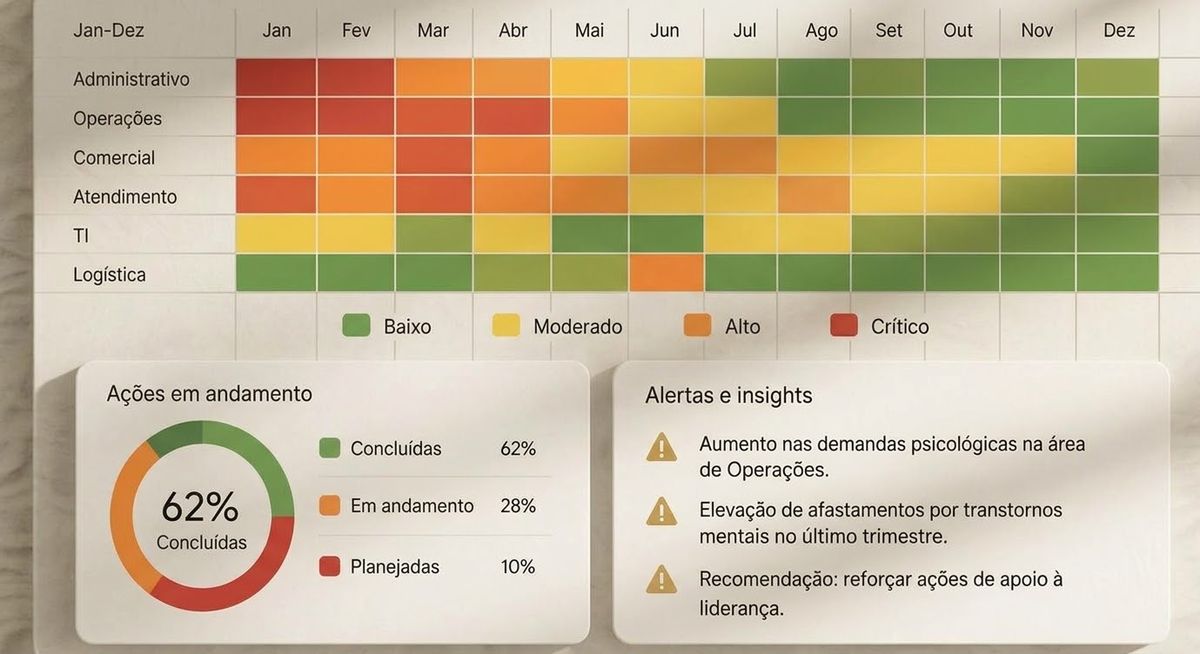 Painel de monitoramento com índice de risco psicossocial por área ao longo dos meses, usando a escala de cores baixo/moderado/alto/crítico adotada pelo MTE, além de indicadores de ações em andamento e alertas.