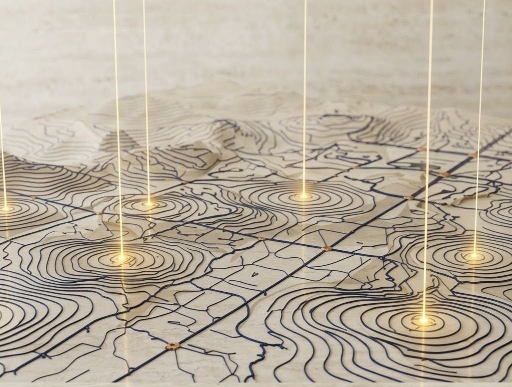 Mapa topográfico estilizado com linhas de contorno e pontos de luz dourada marcando áreas de risco, representando o mapeamento de riscos psicossociais na organização.