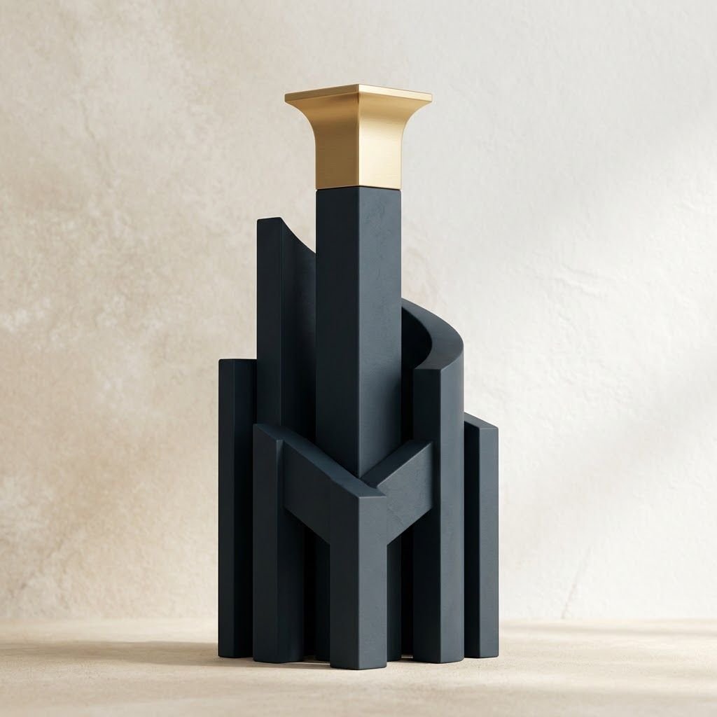 Totem escultórico em grafite com o topo em latão dourado, sobre uma base de blocos irregulares, representando a estrutura de um plano de ação.